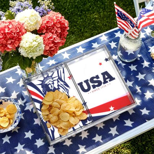 3PCS Acrylic Serving Tray Set with Interchangeable Inserts – Clear Decorative Tray with Handles for Food, Snacks, 4th of July Display, Patriotic Home & Bar Decor