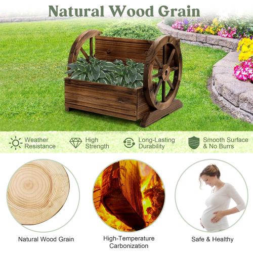 Wooden Wagon Planter Box, Garden Planter with Wheels,Decorative Planter for Flowers Herbs Vegetables for Indoor & Outdoor Décor, Flower Cart for Patio Garden Balcony