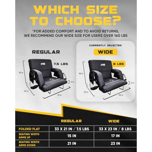 BRAWNTIDE Stadium Seat for Bleachers with Back Support - Wide Padded Reclining Bleacher Seat, Portable Folding Stadium Chair with Armrests, Hooks, Straps, Cup Holders & Pockets (Black, 23)