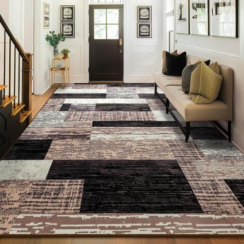 Large Area Rugs,Modern Geometric Patchwork Floor Decor for Bedroom Aesthetic Carpet, Rockwood Collection, Indoor Rugs for Living Room Dining Room Nursery Office Machine Washable Rug, Chocolate
