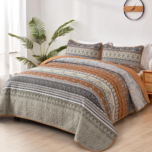 WONGS BEDDING Boho Queen Quilt Set, Brown and Grey Bohemian Quilt Bedding Set, Fall Lightweight Bed Decor Bedspread for All Season Reversible Microfiber Coverlet Bedding Set 96x90(3 Pieces)