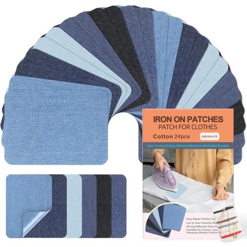 Iron On Patches for Clothes 24pcs, Iron On Patches for Jeans, Cotton Denim Repair Patch for Inside Jeans Fabric Kit, Jeans Knee, Pants, Clothing 3 by 4-1/4 Blue&Black