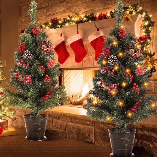 Sosation 2 Pcs 3 ft Artificial Christmas Tree Decor Prelit Tabletop Flocked Christmas Tree with Lights Pine Cones Plasic Base Pre Lit Green Xmas for Indoor Porch Decoration 8 Modes Timer 80 LEDs