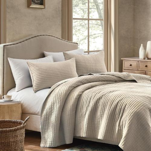 100% Cotton  - Beige Neutral Striped Pick Stitch Soft Lightweight Bedspread, Textured Like Linen, Farmhouse Country Rustic Coverlet, Shabby Chic Gauze Bedding