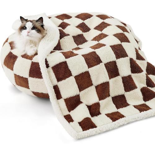 Lesure Waterproof Puppy Blanket for Small Dogs - Washable Double Sided Dog Blankets with Warm Jacquard Shag and Soft Sherpa Fleece, Pet Cat Blanket for Couch Protection, 3D Textured Checks, Brown