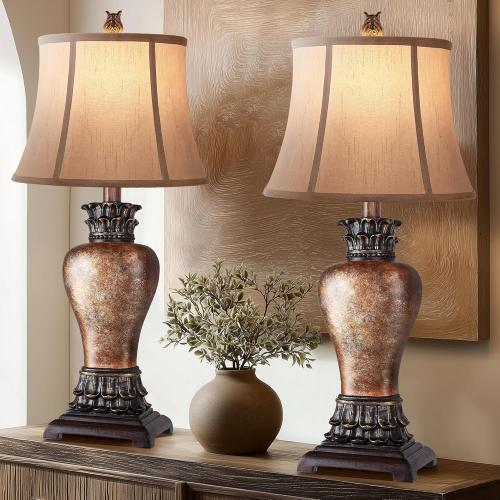 Hamucd 27 Set of 2 Tall Farmhouse Rustic Table Lamps for Living Room,3-Color Temperature Dimmable Western Bedroom Lamps for Night Stands Traditional Antique Decor (Brown)