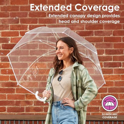 Size 52 Weather Station Clear Rain Umbrella, Adult, Dome Canopy, Bubble, Automatic Open, Bubble, Waterproof, Lightweight, Full 52 Inch Arc, Stick, White
