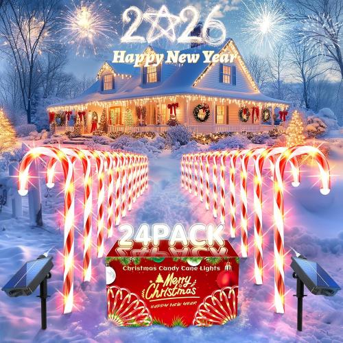 Anordsem Solar Christmas Decorations Outdoor: 24 Pack Candy Cane Pathway Stake Lights - 15 Waterproof LED 8 Lighting Models Yard Garden DIY Decor - 2026 Xmas Gifts for Homeowners