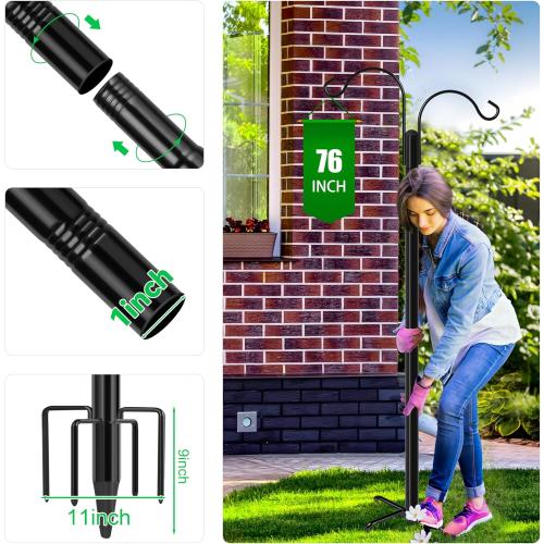 Double Shepherds Hooks for Outdoor, 2-Pack Heavy Duty Garden Pole for Hanging Bird Feeder, Plant Baskets, Solar Light Lanterns, Garden Plant Hanger Stands with 5 Base Prongs