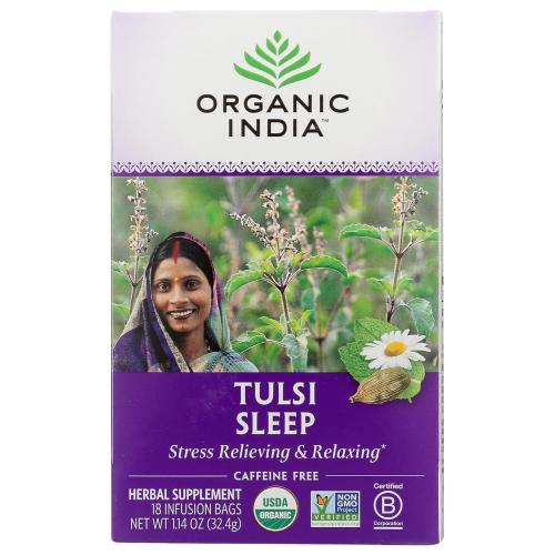 ORGANIC INDIA Tulsi Sleep Herbal Tea - Holy Basil, Ashwagandha, Chamomile, Night Time Tea for Bedtime, Stress Relieving & Relaxing, Immune Support, USDA Certified Organic - 18 Infusion Bags, 1 Pack
