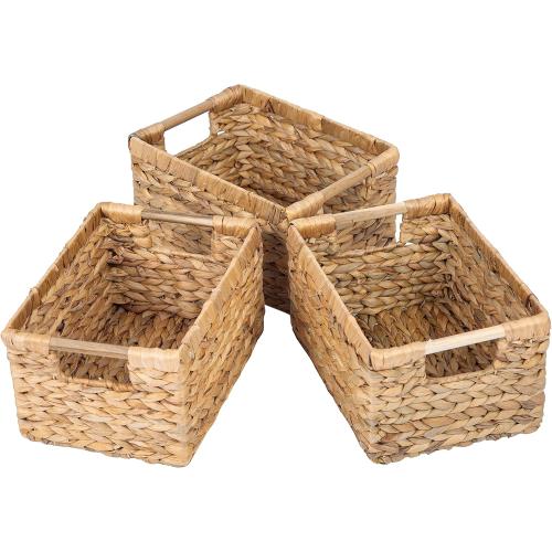 Natural Water Hyacinth Storage Basket With Handle, Rectangular Wicker Basket for Organizing and Decorating Living Room - Medium, 3 Pack