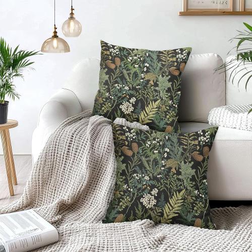 Black Green Botanical Pillow Covers 18x18 Inch Dark Green Flower Vintage Plant Throw Pillows for Couch Farmhouse Cushion Covers Spring Summer Leaf Floral Pillow Cases for Bed Patio Outdoor Decor Set 2