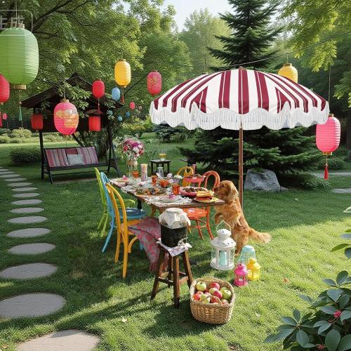 Rayjee 6.5FT Patio Umbrella with Fringe, UV Protection Beach Umbrella with Tilt & Adjustable Height, Includes Carry Bag & Ground Stake, Outdoor Umbrella for Pool, Garden, Backyard