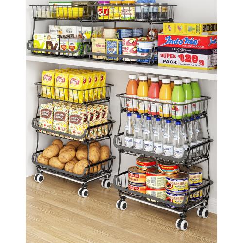 OKZEST 3-Tier Rolling Pantry Floor Organizers and Storage Cart with Wheels