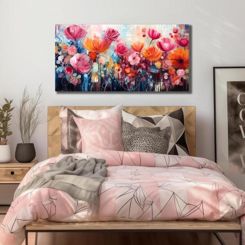 ENTANUB Flower Wall Art for Living Room, Pink Canvas Print Painting for Bedroom, Floral Picture Artwork, Large Size 48x24 Inches