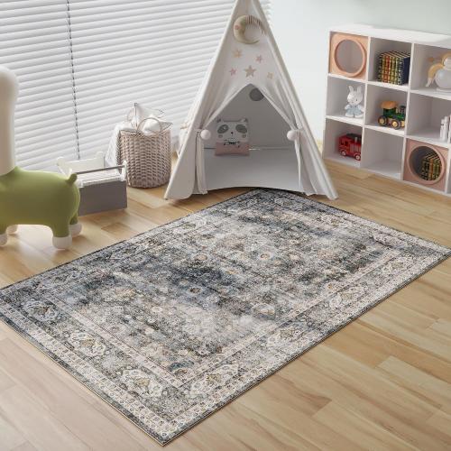Grey and Blue Bedroom Rectangular Rug Washable Area Rug Non Slip Low Pile Small Carpet for Bedroom, Bedside, Kitchen, Entryway, Kids Room, Office, College Dorm Essentials for Girls