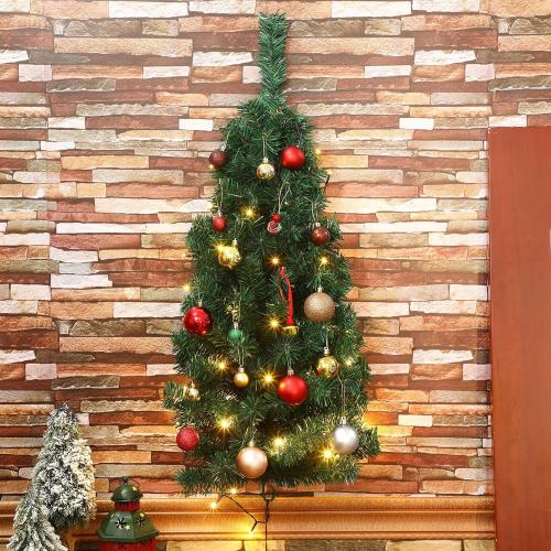 Poen 35 Inches Wall Mounted Christmas Tree - Artificial Xmas Tree with 50 LED Lights and Battery Case - Lighted Wall Decor for Home, Office, Apartment, Party Decorations