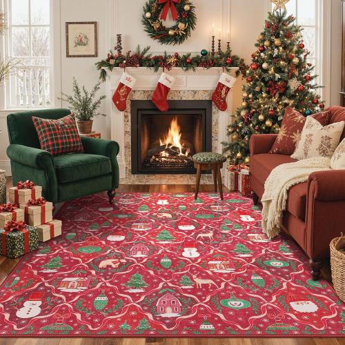 Christmas Area Rug  for Living Room, Washable Rug for Bedroom, Christmas Home Decor, Holiday Print Carpet, Low Pile Non Slip Mat with Rubber Backing, Red Christmas Tale Pattern