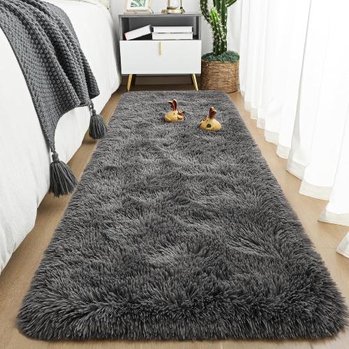 Fluffy Runner Rugs for Bedroom Aesthetic 2x6 Shag Soft Bedside Rug | Fuzzy Plush Carpet for Room Hallway Rug with Non-Slip Bottom for Nursery Dorm Indoor Home Decor, Dark Grey