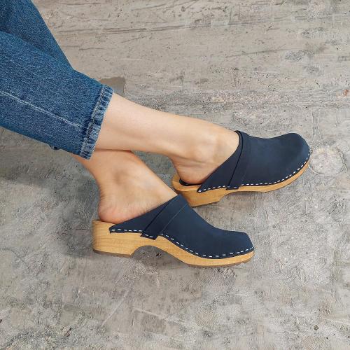 Size 46 Black Vollsjo Women's Genuine Leather Wooden Clogs Made in EU