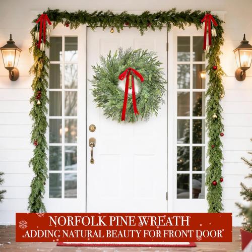 24 Large Christmas Wreaths for Front Door Thick Outdoor Christmas Wreath with Norfolk Pine Cypress Branches Gold Cow Bell Red Bow Soft Artificial Xmas Wreath for Home Door Window Wall Porch Indoor