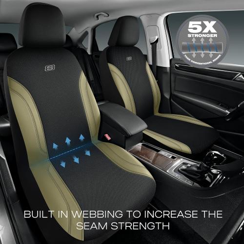 Skechers Car Seat Covers, Work Leather Seat Covers 5-Times Stronger Built-in Webbing, Oxford Fabric Front Seat Cover, Airbag Compatible, Automotive Comfort for Cars, Trucks, SUVs,Beige