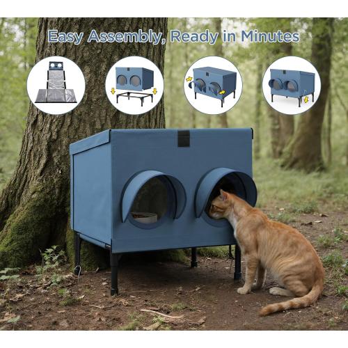 Outdoor Cat Feeding Shelter for Feral & Stray Cats, Insulated Dining Room with Slanted Roof & Double Feed Hole, Connects to PELUOMOZ Cat Houses, Windproof & Weatherproof – Navy Blue, 16×12×15.5