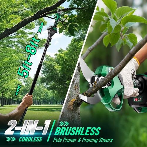 2-in-1 Cordless Electric Pruning Shears with Pole, 1.4 Cutting Diameter, Tree Trimmers Long Handle Pruner with 15 Ft High Reach, 2 *21V 2000mAh Battery Powered Pole Pruner for Tree Trimming