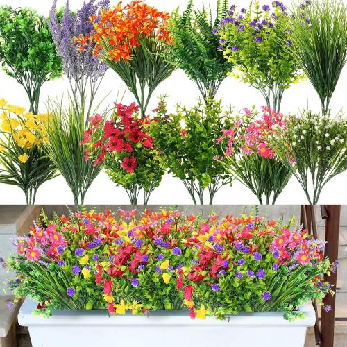 Hotop 36 Bundles Artificial Flowers Outdoor Uv Resistant Artificial Flowers Fake Plants Plastic Wildflowers for Hanging Planter Porch Window Home Wedding Spring Summer Decor(Classic Colors)