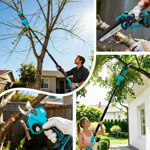 4-in-1 Pole Saw & Electric Pruning Shears, 6 Inch Mini Chainsaw for Tree Trimming, Cordless Pruning Shears with 9.5ft Max Extension Pole, 2 x 4.0Ah Battery Powered Pole Saw Pruner for Garden (Blue)