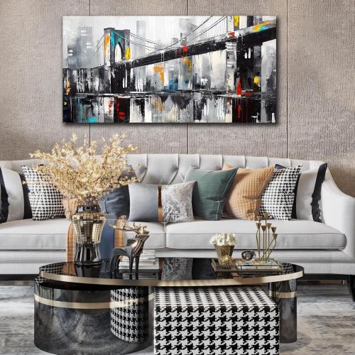 CANEITO New York City Wall Art for Living Room, Brooklyn Bridge Canvas Wall Decor for Bedroom, Black and White Cityscape Print Paintings, Size 24x48 Inches