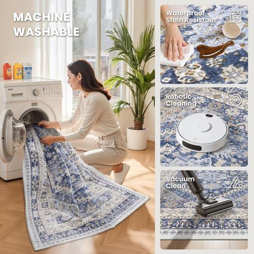 zesthome 12x15 Area Rugs, Large Washable Rug, Ultra-Thin Stain Resistant Rugs for Living Room, Bedroom, Non-Slip Backing Home Decor Area Rug (Blue/Beige,12'x15')