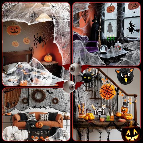 PinCute Halloween Decorations Indoor Outdoor- 5 Pack Creepy Cloth (30×72 in), 200Sqft Spider Web with 20 Spiders, Haunted House Props for Party Yard Window Porch Decor