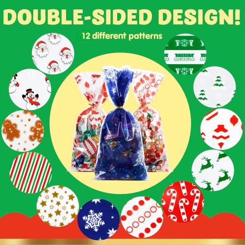 JOYIN 144 PCS Christmas Cellophane Bags with Ribbon for Holiday Treats, Christmas Clear Cello Gift Candy Cookie Bags for Party Favors, Festivals Presents, Party Supplies (11” X 5”)