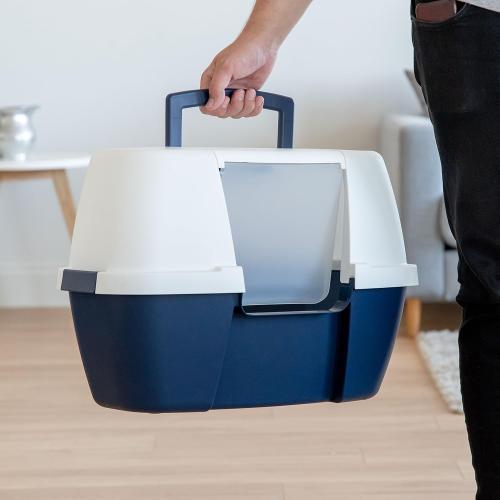 Corner Cat Litter Box Enclosure, Small Cat Litter Box with Lid, Corner Litter Box Enclosure for Kittens to Medium Sized Cats, Odor Defensive, Navy/White
