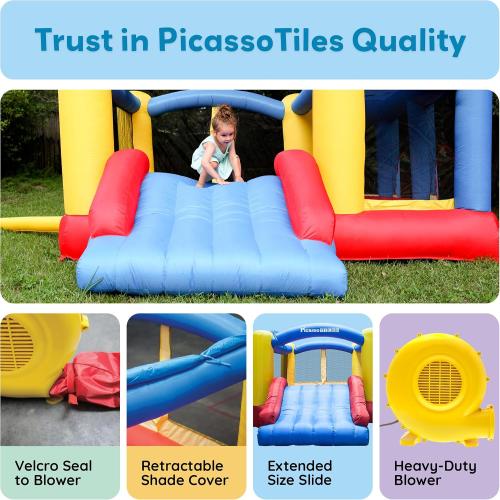 [Upgrade Version] PicassoTiles KC102 12x10 Foot Inflatable Bouncer Jumping Bouncing House, Jump Slide, Dunk Playhouse w/Basketball Rim, 4 Sports Balls, Full-Size Entry, 580W ETL Certified Blower‼️light dirt‼️