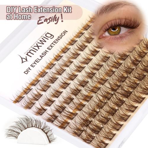 Brown Lashes Clusters Kit Natural Eyelash Extension CC-Curly Individual Lashes Kit with 8-16MM Brown Lash Clusters Lash Bond and Seal & Lash Applicator