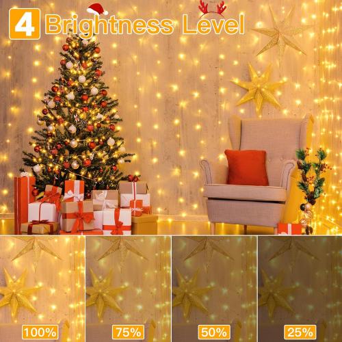 Ollny Curtain Lights 6.6x6.6ft, 200 LED String Lights with Remote 8 Modes Dimmable Timer, USB Power Fairy Light for Bedroom Backdrop Indoor Wall Window Christmas Decorations, Warm White