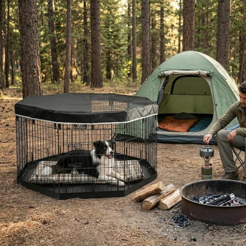 PJYuCien Dog Playpen with Top Cover and Bottom Pad - Metal Foldable Exercise Pen, 8 Panels 36 H x 24 W Indoor Outdoor Pet Fence Puppy Crate Kennel, Black