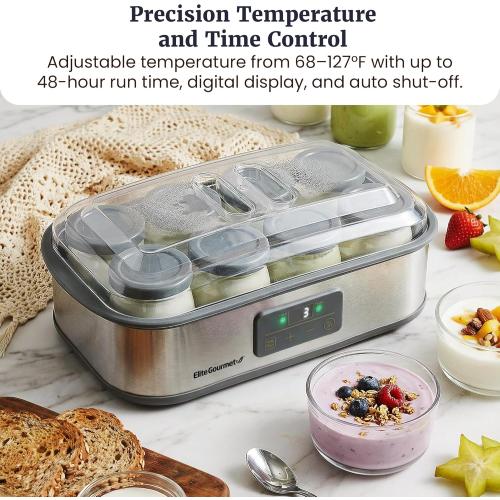 Elite Gourmet ProBioticPRO™ Digital Yogurt Maker, Programmable Temp & Time Control (68–127°F), Includes 8 Glass Jars (6 oz)   2 Large 1-Qt Bowls, Stainless Steel, Auto Shut-Off
