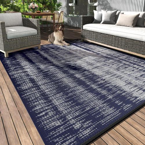 MontVoo Outdoor Rug Waterproof 8x10 ft Outdoor Carpet Patio Rug Mat Reversible RV Camping Rug Plastic Straw Outside Rug for Balcony Porch Deck Picnic Beach Modern Navy