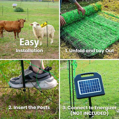 Size 42.5x 164 Color Green Electric Fence Netting, 42.5 H x 164'L, Electric Netting Fence for Cattle, Sheep, Goat, Hogs, Pre-Assembled, 14 Posts Double Spiked, Portable Livestock Nets Used in Backyards, Farms and Ranches