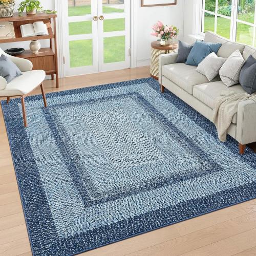 Washable Rug  Boho Accent Carpet Modern Geometric Floor Carpet Indoor Throw Floor Cover Braided Print Rug Low Pile Non Slip Farmhouse Rustic Bohemian Carpet for Living Room Bedroom, Blue