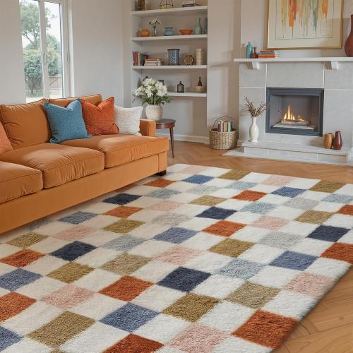 Checkered Rug 8x10 for Living Room, Modern Rainbow Shag Rug Washable Non-Slip Large Area Rug Super Soft Indoor Fuzzy Carpet Fluffy Rugs for Bedroom Home Aesthetic Decor