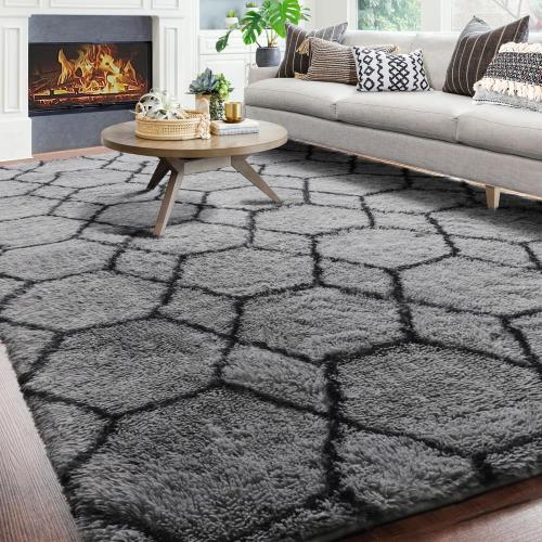 ONASAR 7x9 Area Rugs for Living Room Bedroom, Washable Large Fluffy Grey and Black Throw Rug, Geometric Soft Plush Shaggy Floor Carpet for Nursery Kids Girls Boys Teen Dorm Home Decor Aesthetic