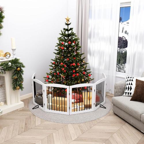 Freestanding Pet Gate for Dogs, Foldable Wooden Dog Gate for House, Extra Wide Indoor Pet Barrier for Stair, Doorway, Hall, Support Feet Included, 120 Inch Wide, 6 Panels 24, White