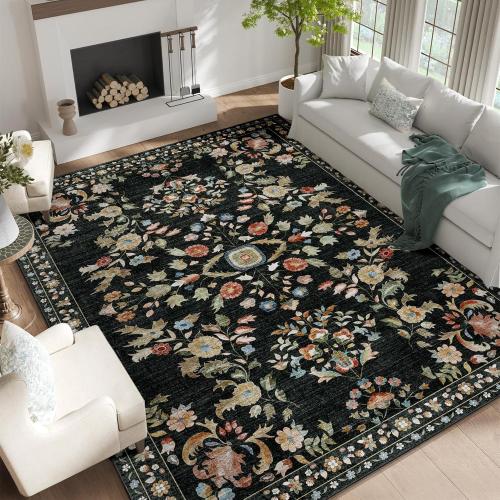 MUJOO 9x12 Area Rug Washable,Large Floral Rugs for Living Room Bedroom Dining Room,Boho Indoor Floor Rug Non Slip Throw Carpet Low Pile Vintage Black