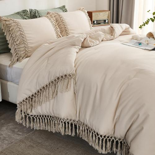 Comforter Queen Size Set Beige, 3 Pieces Tassel Boho Lightweight Winter Bedding Comforters & Sets, All Season Bed Set (90x90In Comforter & 2 Pillowcases)