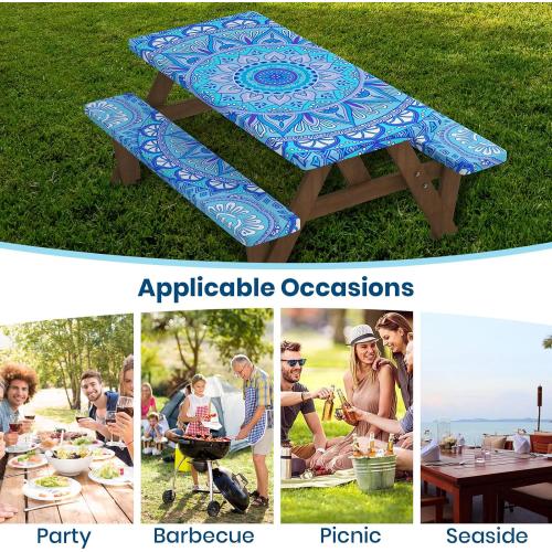 Blue Velway Picnic Table & Bench Covers: 6 FT Water-Resistant Windproof Elastic Fitted Tablecloth   Storage Bag - 3-Piece Set Camping Table   Seat Covers (72x30 Inches)