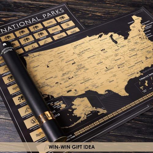 2 in 1 Gift Set - Scratch off US Map and 63 National Parks Poster - 24x16 Easy to Frame Scratchable United States of America Posters - Globetrotters Wall Map - Black and Gold Travel Tracker